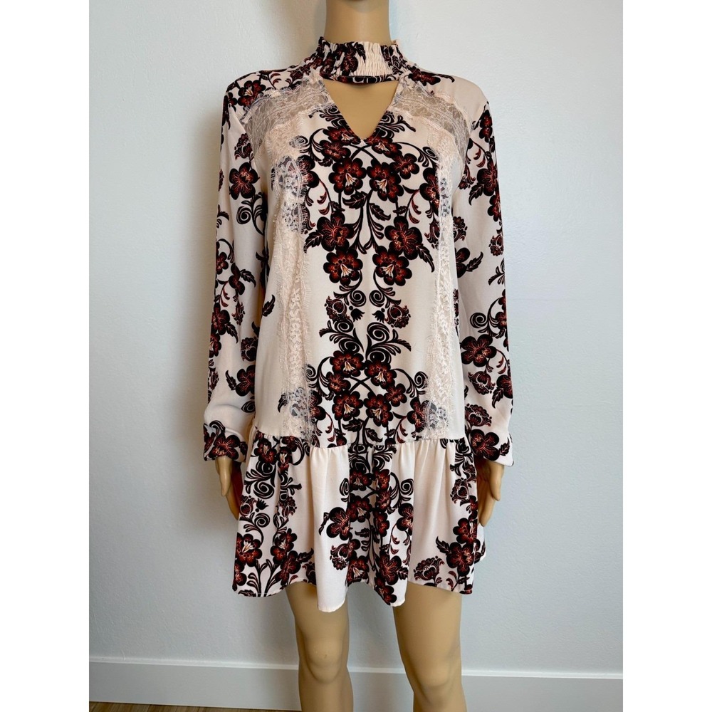 Skylar & Jade Beige Floral Lace Mock Neck Dress S Minidress Boho Cottagecore Y2K